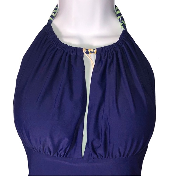 Dark Blue Swimsuit Swimming Halter Fly Rap Tie Neck Ruched Sides Size L - Picture 2 of 4